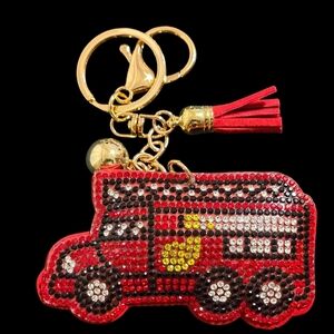 Red Fire Truck Bag Charm Keychain with Gold Accents